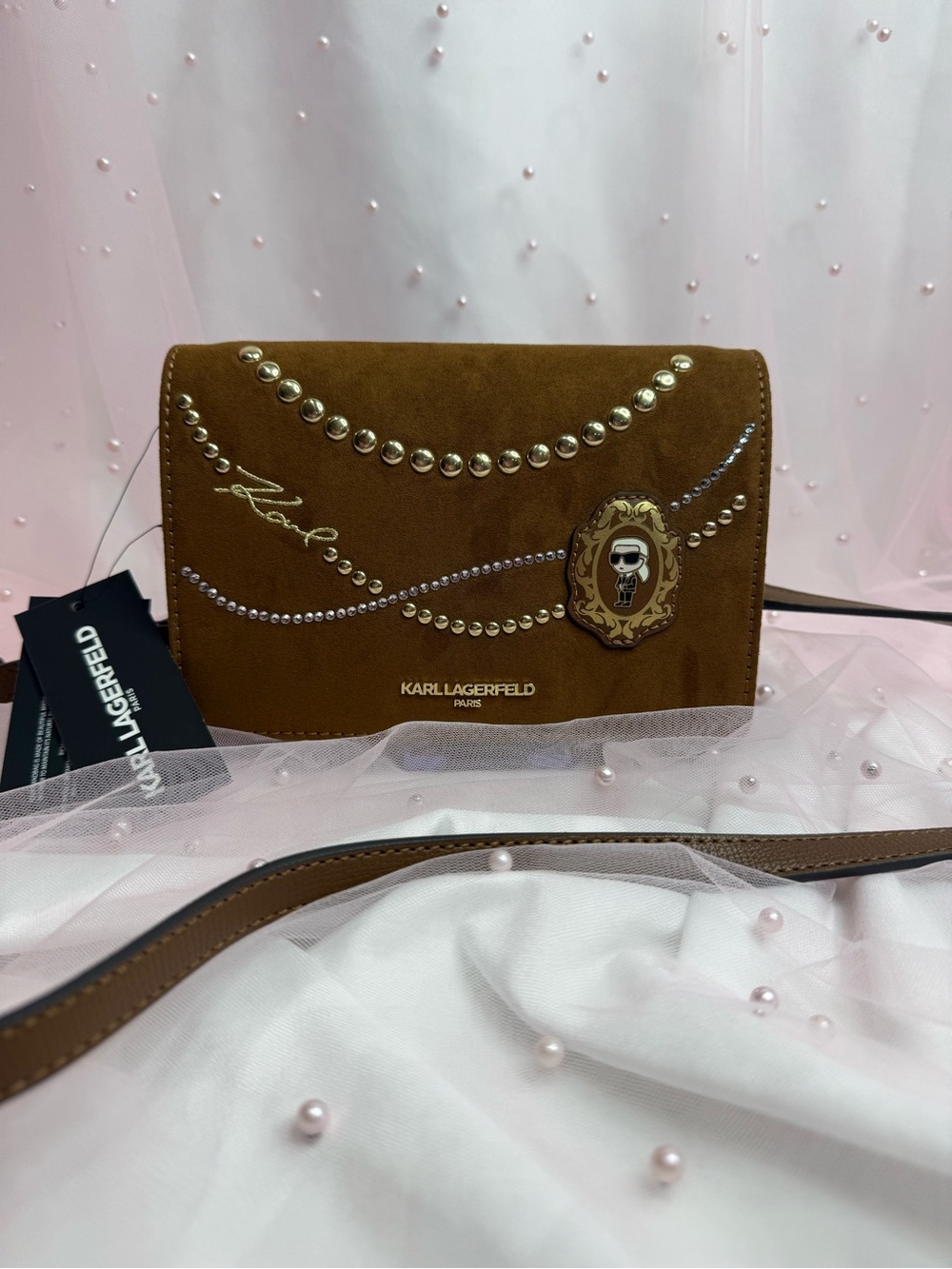 Karl Lagerfeld Cog Brown Suede Crossbody